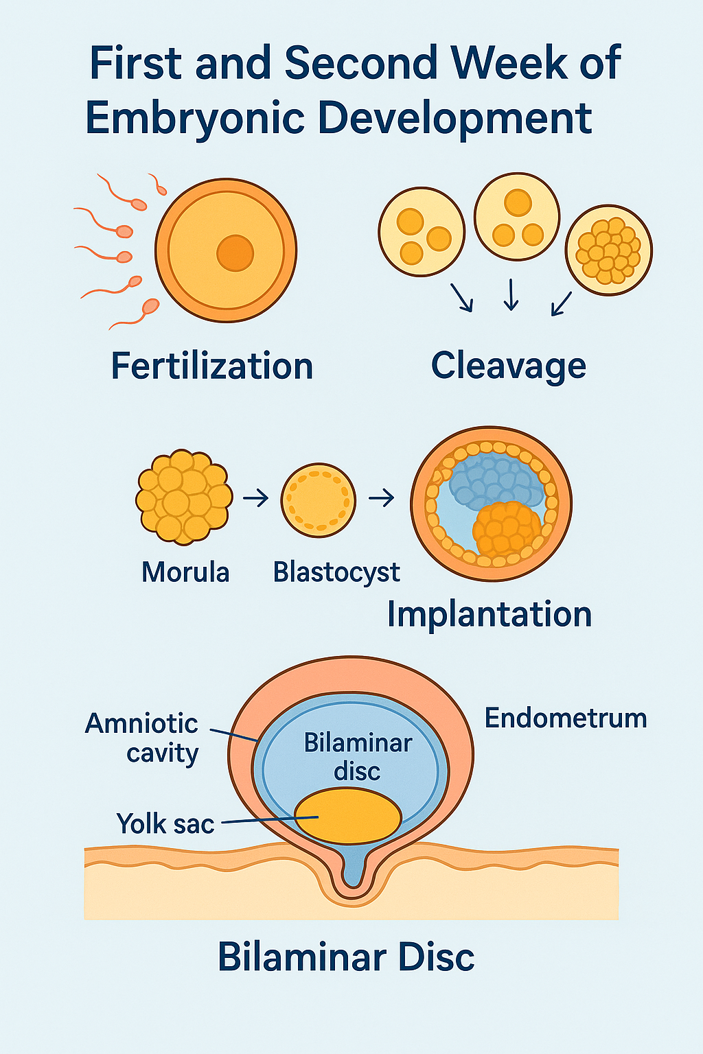 First and Second Week of Embryonic Development Fertilization Cleavage Implantation Bilaminar Disc Complete Guide 2025
