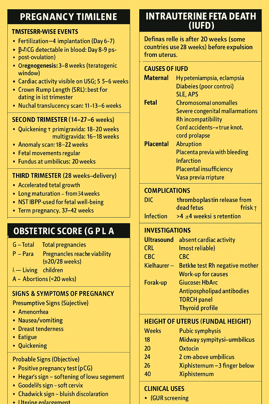 Pregnancy Timeline, EDD Calculation, IUFD Complications & Management, Obstetric Score, Signs of Pregnancy, Fundal Height Guide 2025